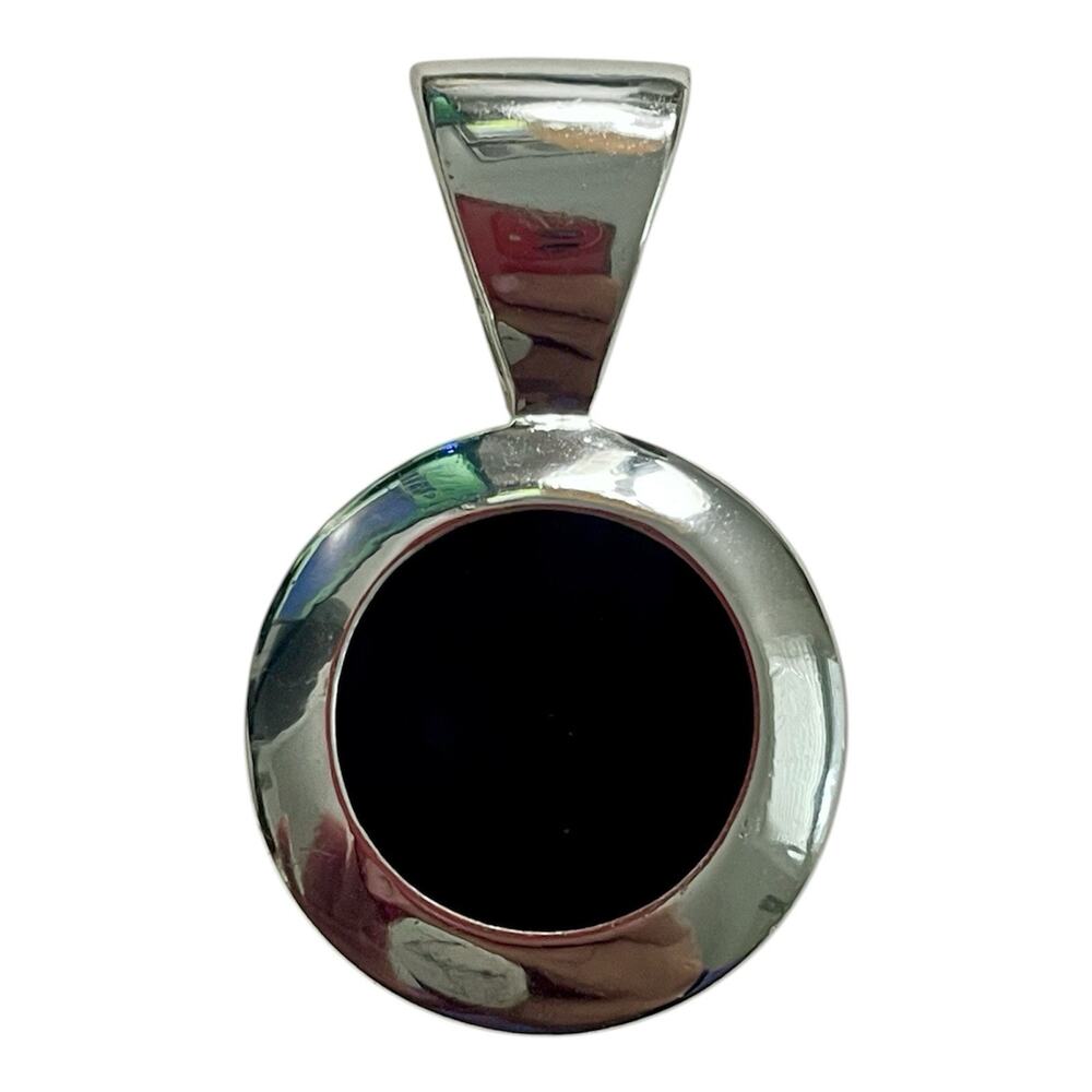 Silver Tone Round Black Enamel Pendant 1.25” Fashion Jewelry Vintage
